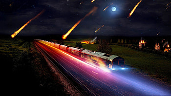 The Arrival of Doomsday, night, doomsday, awesome, , wonderful, houses, nice, fantastic, adorable, cloud, cargo train, landscape, train, pretty, fire, skyphoenixx1, great, flames, , 2012, outstanding, disaster, moon, abstract, amazing, marvellous, cargo, stunning, meteors, beautiful, end, super, armageddon, railroad, meteor HD wallpaper