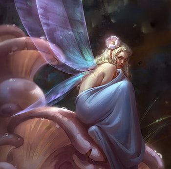 Fairy, wings, blue, frumusete, dasha henrih, art, cute, mini, girl, pink, fantasy, flower, petals, luminos HD wallpaper