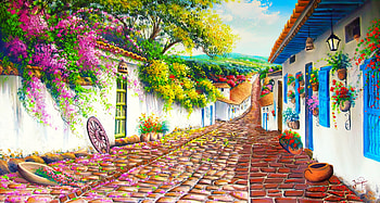 Rural landscape, art, Columbia, que, landscape, beautiful, houses, painting, rural, street HD wallpaper