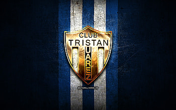 Tristan Suarez FC, golden logo, Primera Nacional, blue metal background, football, argentinian football club, CSyD Tristan Suarez logo, soccer, CSyD Tristan Suarez, Argentina HD wallpaper