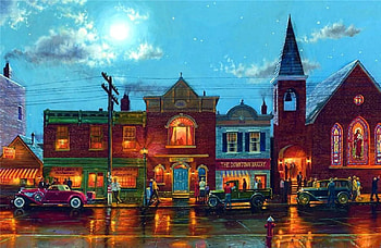 The Downtown Bakery, artwork, city, street, church, houses HD wallpaper