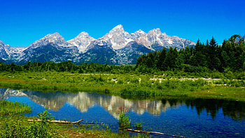 The Teton Range, Wyoming, river, peaks, trees, sky, usa, reflections HD wallpaper