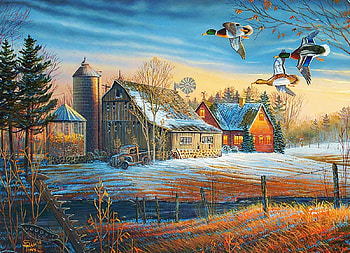 First Snow in Late Autumn, barn, house, fence, field, trees, landscape, sky, ducks, artwork, painting HD wallpaper