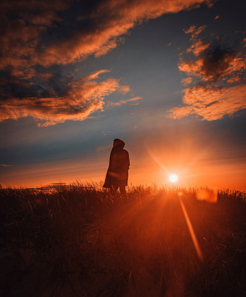 Sunset, Grass, Dark, Field, Human, Person, Alone, Lonely, Sunlight HD phone wallpaper