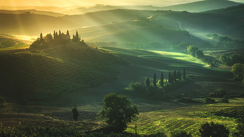 Tuscany Italy Green Trees Hills Forest Grass Bushes Mountains With Fog Sunrays Nature Nature HD wallpaper