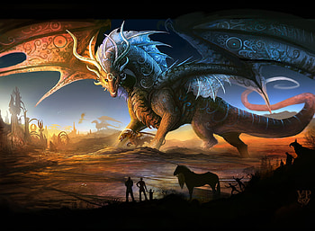 Desert lords, blue, horse, light, dragon, people HD wallpaper
