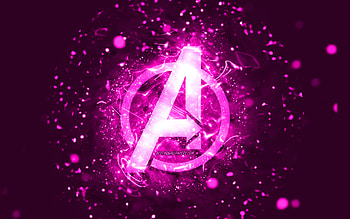 Avengers turqpurple uoise logo, , purple neon lights, creative, purple abstract background, Avengers logo, superheroes, Avengers HD wallpaper