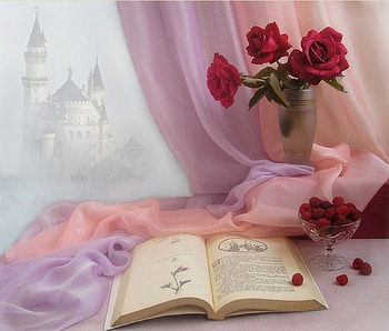 Beautiful Still Life for Purple-Haze, still life, book, petals, flowers, raspberry HD wallpaper