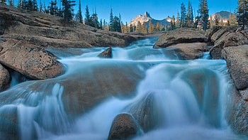 yosemite meadows waterfall, trees, waterfall, rocks, mountain HD wallpaper