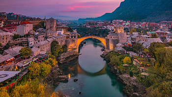 Mostar, Bosnia, Sunrise, Town, Bridge, Bosnia, Medieval, Reflection, Neretva River, Mostar, River, Sky, Sunset, Stari Most, Water, City, Herzegovina, Houses, Holiday, Old HD wallpaper