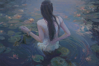 Lady of the lake, art, girl, xuanwei su, lake, summer, fantasy, flower, luminos, water, lotus HD wallpaper