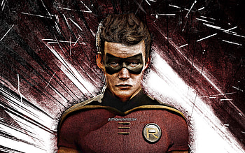 Robin, grunge art, superheroes, DC Comics, brown abstract rays, Damian Wayne, Robin HD wallpaper
