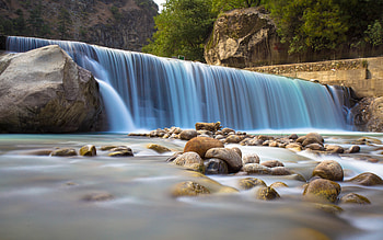 Dam and Waterfall, waterfall, rocks, water, dam HD wallpaper