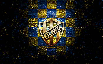Club Atletico Atlanta, glitter logo, Primera Nacional, yellow blue checkered background, soccer, argentinian football club, CA Atlanta logo, mosaic art, Atlanta FC, football, CA Atlanta HD wallpaper
