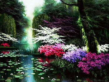 Park in Spring, artwork, painting, blossoms, trees, lilies, water, pond HD wallpaper