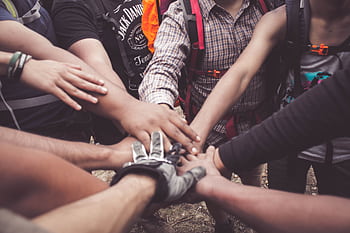 A group of diverse individuals join hands for teamwork in West Java, Indonesia. HD wallpaper