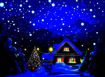 Christmas Lights, winter, artwork, painting, snow, cottage, stars, tree HD wallpaper