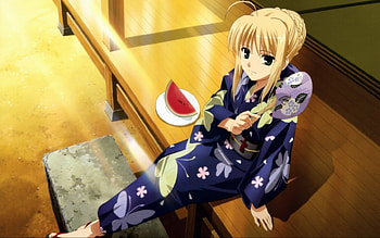 Saber, beautiful girl, sitting, anime blonde, anime, kimono girl, fate stay night HD wallpaper