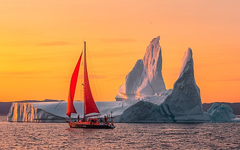 Yacht in Greenland, yacht, sea, red, Greenland, iceberg HD wallpaper