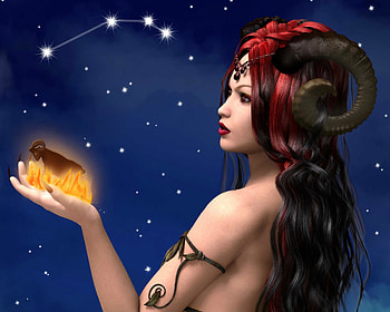 Zodiac ~ Aries, blue, constellation, rendering, frumusete, horns, aries, girl, stars, beauty, hand, fantasy, zodiac, red, sky, luminos HD wallpaper