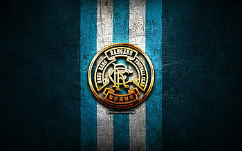 Hong Kong Rangers FC, golden logo, Hong Kong Premier League, blue metal background, football, Hong Kong football club, Hong Kong Rangers logo, soccer, Hong Kong Rangers HD wallpaper