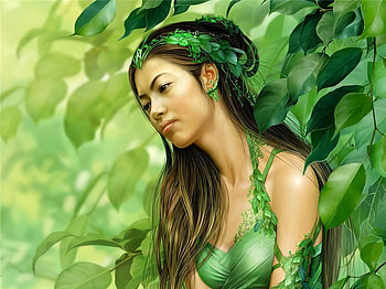 Green Goddess, lady, leaves, pretty, green, oriental, woman, female HD wallpaper