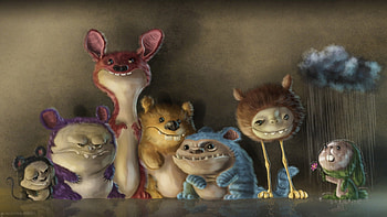 Little Monsters, rain, fantasy, monsters, cute, cloud HD wallpaper