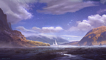 Hevenia Boat Sky Mountains , boat, sky, mountains, artist, artwork, digital-art, artstation HD wallpaper