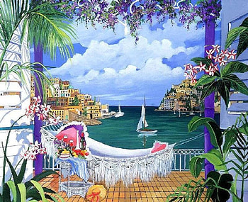 A beautiful day out, table, plants, hammock, balcony, painting, boats, glass, clouds, sailing, flowers, sail, hat, palm trees, wine HD wallpaper