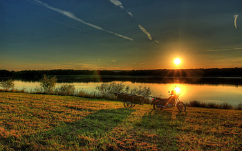 Nature, Rivers, Sunset, Grass, Motorcycle HD wallpaper