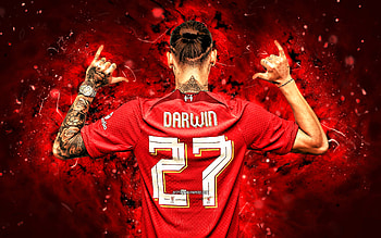 Darwin Nunez, , 2022, back view, Liverpool FC, Uruguayan footballers, red neon lights, Darwin Nunez Liverpool, Premier League, soccer, LFC, football, Darwin Nunez HD wallpaper