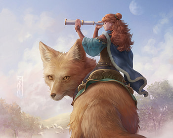 Guardians, guardian, art, fantasy, vulpe, koti komori, luminos, girl, fox, giant HD wallpaper