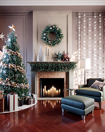 Christmas Fireplace, 3D rendering, Festive 3ds max scene, Architectural visualization HD phone wallpaper
