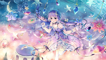 Yuzuki Yukari, night, blue, girl, utsunomiya, star, pink, anime, moon, flower, luna, manga HD wallpaper