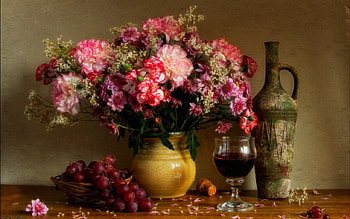 Still life, jars, glass, grape, flowers, food HD wallpaper