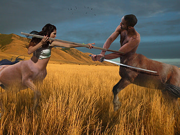 Centaurs battle of the sexes, mountains, fantasy, plains, field HD wallpaper
