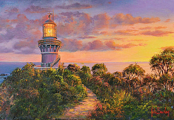 Lighthouse at Sunset, coast, sea, path, trees, colors, clouds, sky HD wallpaper