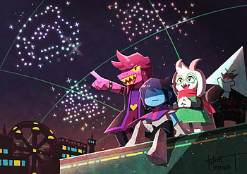 Deltarune Trio Celebrates: Fireworks in Ultra, fireworks, Ralsei (deltarune), Susie (deltarune), Kris (deltarune), video game, deltarune HD wallpaper