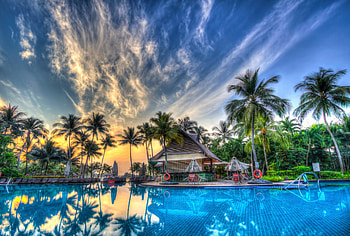 Paradise, summer, palm, clouds, sky, pool HD wallpaper