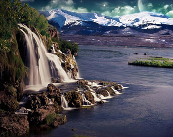 Wonderfall, hills, moon, hop, clouds, waterfalls, sky, water, lake HD wallpaper