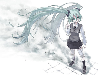 Hatsune Miku - Rolling Girl, blue, black, awesome, song, uniform, cute, vocaloid, school uniform, beauty, nice, miku, music, vocaloids, hatsune, thighhighs, school, blood, skirt, white, blue eyes, hatsune miku, twintail, blue hair, beautiful, tie, anime, pretty, cool HD wallpaper