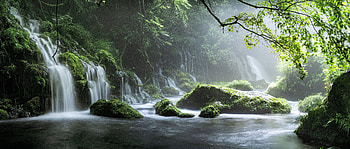 Spring Waterfall Stone Fog Mist Green Forest , waterfall, forest, nature HD wallpaper