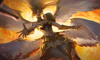Angel, wings, golden, view from down, fantasy, wu guan, yellow, girl HD wallpaper