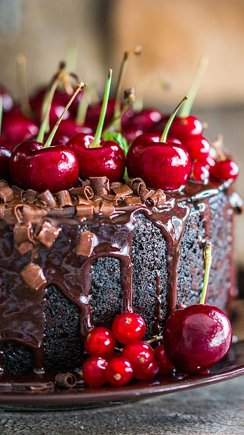 Chocolate cherry cake, Rich flavors, Decadent delight, Sweet satisfaction HD phone wallpaper