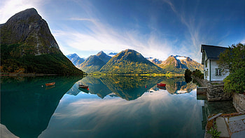 Morning at a Norwegian Fjord, mountains, water, reflections, house, landscape, sky HD wallpaper