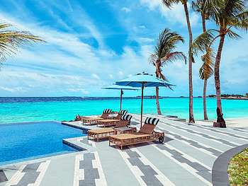 Palms, Miscellanea, Miscellaneous, Ocean, Relaxation, Rest, Sun Lounger, Umbrella, Deck Chair HD wallpaper