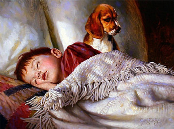 Painting - Ranger loyal -, dog, oil painting, boy, sleep HD wallpaper