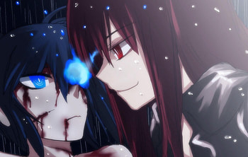 Black Rock Shooter & Black Gold Saw, females, blue eyes, anime, black gold saw, black rock shooter, red eyes, brs, duo HD wallpaper