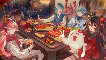 Genshin Impact Festive Feast: Xinyan, Yanfei, Xingqiu & Chongyun in, Genshin Impact, Xinyan (Genshin Impact), Yanfei (Genshin Impact), Xingqiu (Genshin Impact), Chongyun (Genshin Impact) HD wallpaper