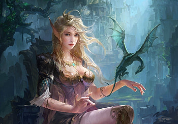 Dragon's dream, blue, pink, fantasy, green, dragon, girl, luminos, david zhou HD wallpaper